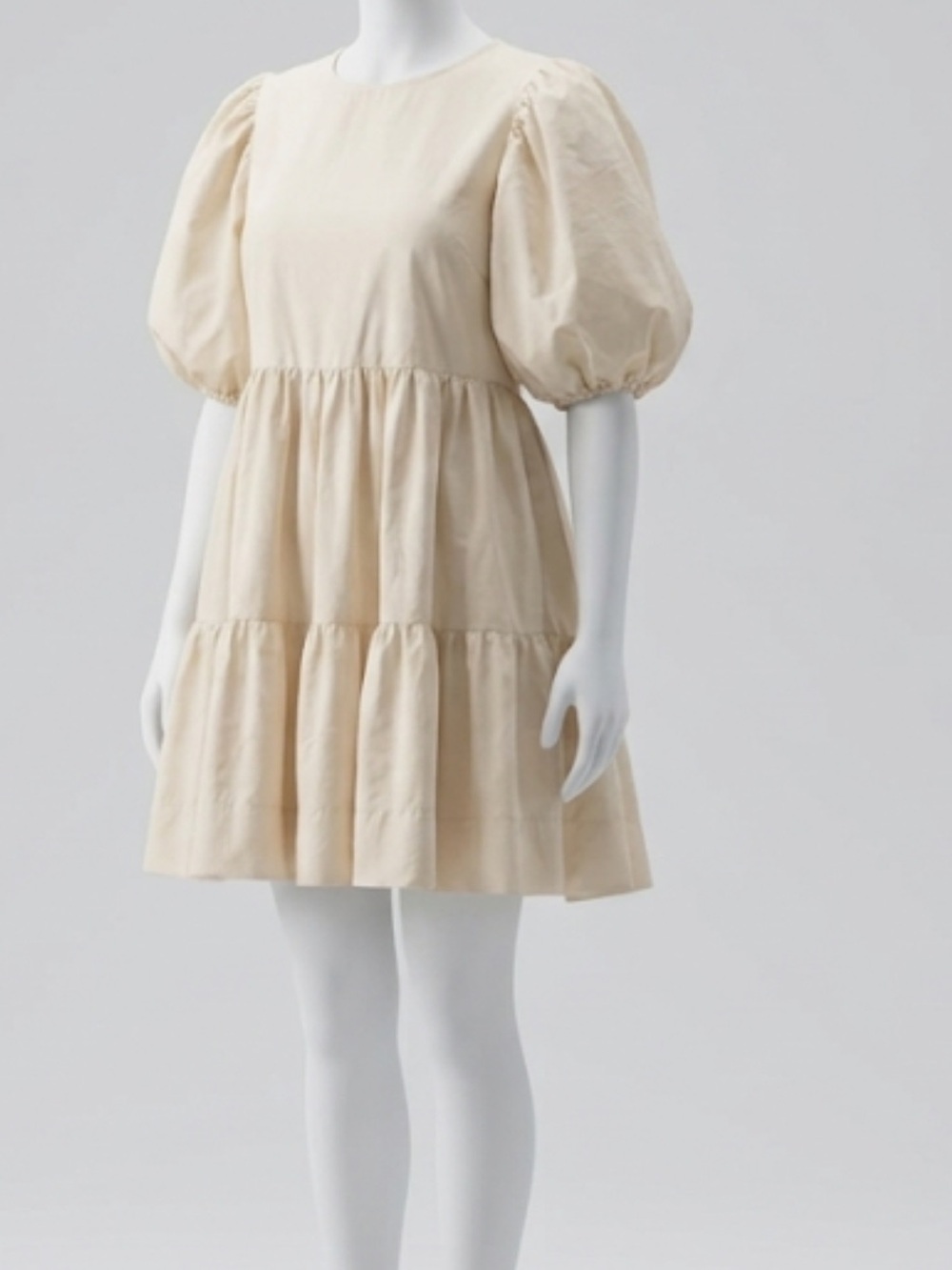 Casual Puff-Sleeve Tiered Dress in Cream